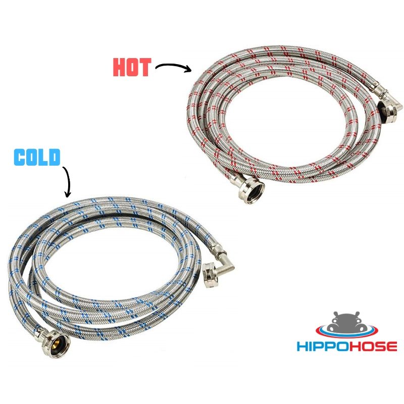 Washing Machine Hoses - OCT Connect for Easy & Secure Tightening - Universal Fit to All Wash Machines - 2 Pack - 90 Degree Elbow - Braided Stainless Steel - Burst Proof Washer Water Supply Line