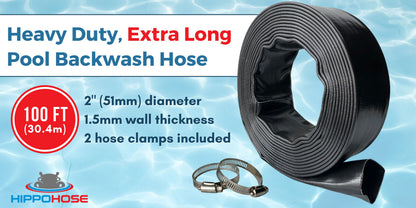 Pool Backwash Hose (2 Inch Diameter) - Extra Heavy Duty (1.5 Millimeter Thick) - Weather & Chemical Resistant