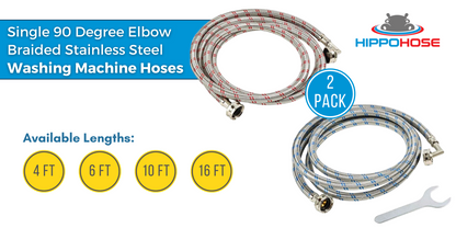 Stainless Steel Washing Machine Hose – Single-Sided 90 Degree Elbow OCTAGON Connections for Secure Leak Free Tightening & Fitting in Tight Spaces
